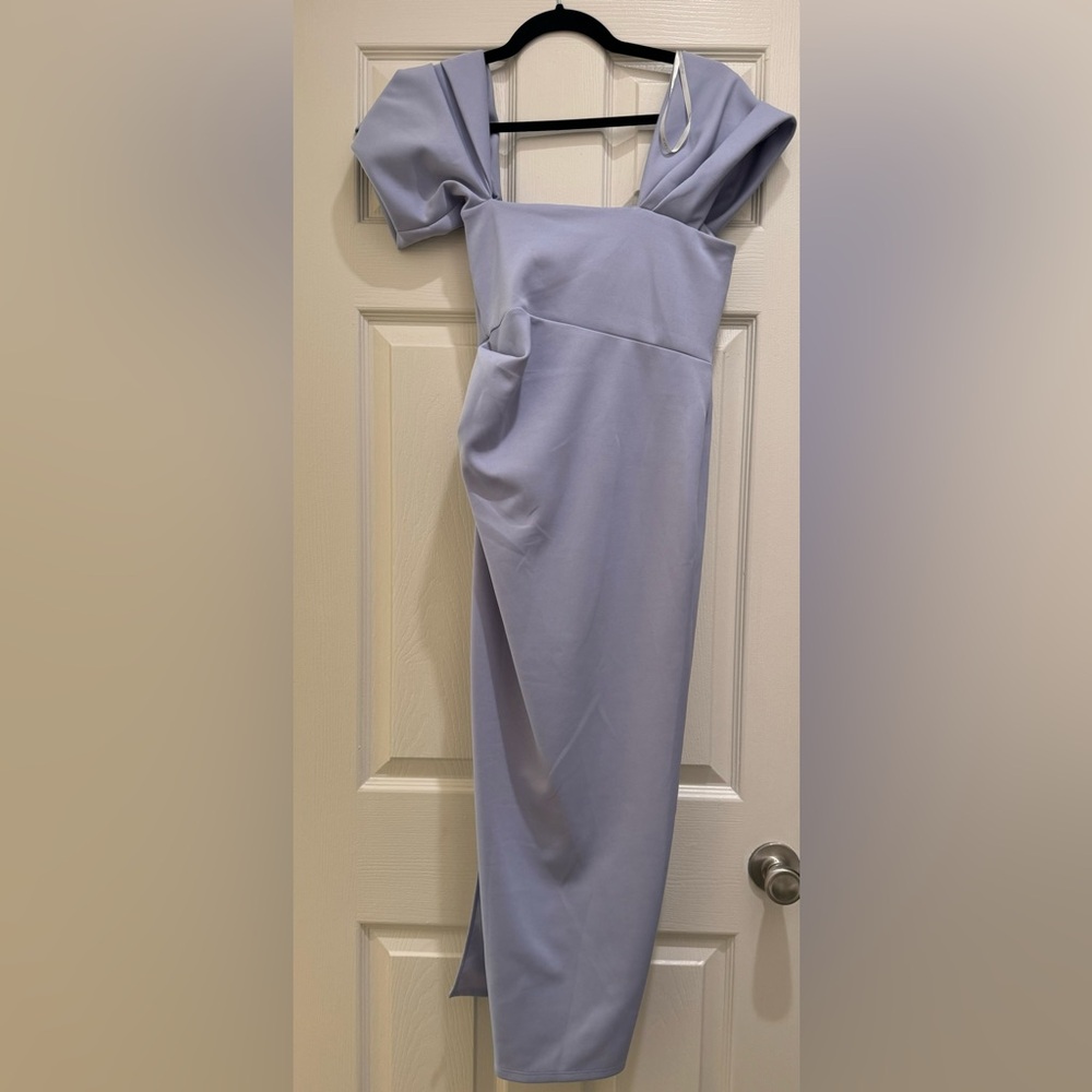 Petite Off Shoulder draped wrap midi dress in cosmic Blue - Picture 4 of 6